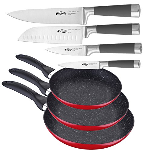 San Ignacio Sartenes Y Juego De Cuchillos De Cocina, Aluminio, Rojo, 24 Cm