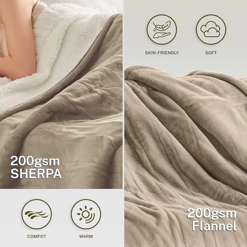 Heat Blanket 84”x90” Queen Size-Dual Control，Soft Flannel & Sherpa Electric Blanket with 10 Heat Settings,12 Timer Setting and 8 Hours Auto-Off,ETL Certified Machine Washable,Light Brown