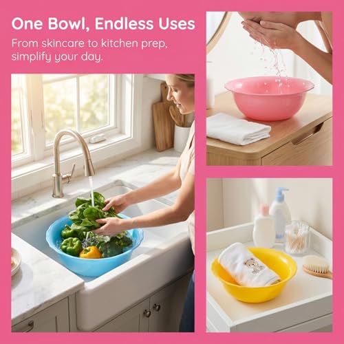 Image of KOMBIUDA Multipurpose Plastic Wash Basin Set 6 Pack 8.66 Inch Round Face Cleansing Bowls for Home Salon Spa Travel in Assorted Colors
