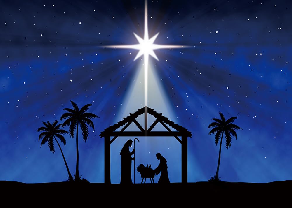 INRUI Presepe di Natale Stella di Betlemme Gesù Nascita Fotografia Sfondo Blu Cielo Stellato Stella di Betlemme Chiesa Religiosa Decorazioni Festa di Natale (2,4 x 1,8 m)