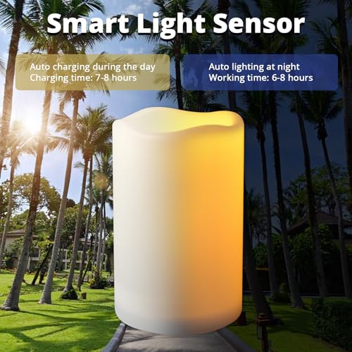 Image of NURADA Large Outdoor Solar Candles Waterproof - 6 inch x 4 inch Rechargeable Solar Powered Flameless LED Pillar Flickering Candle for Patio Porch Lanterns Decor - Ivory Set of 2