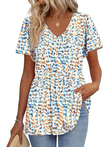 Image of OFEEFAN Womens Summer Tops Babydoll Short Sleeve Shirts Puff Sleeve Peplum Tops V Neck T Shirts