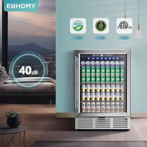EUHOMY 24 Inch Beverage Refrigerator, 180 Can Built-in Beverage Cooler, Under Counter Beer Fridge with Glass Door for Soda, Water, Wine - For Kitchen, Bar or Office on Fridge.com