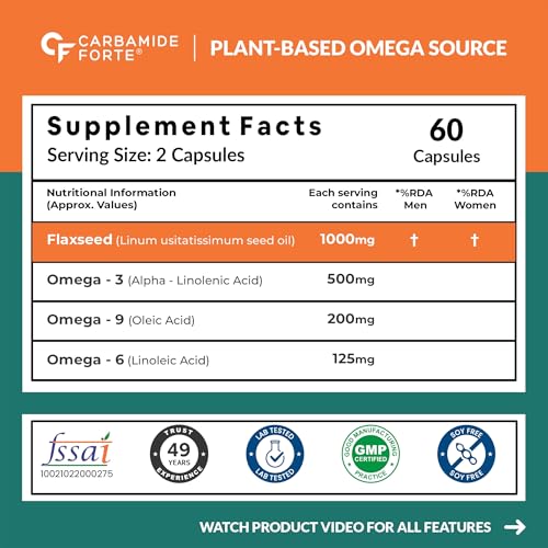 Image of Carbamide Forte Flaxseed Oil Capsules - 1000mg Cold Pressed | omega 3 vegetarian capsules | flax seed oil with Omega 3, 6 & 9 | No Fishy Burps | Supports Heart Health, Joints & Digestion - 60 Capsules