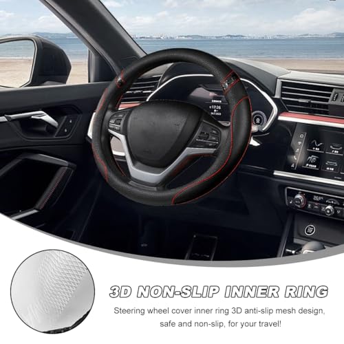Image of Car Steering Wheel Cover, 15 Inch Premium Leather Breathable Non-Slip Wheels Wrap, Universal Auto Comfortable Steering Wheel Protector for SUV Truck Van, Car Accessories (Black)