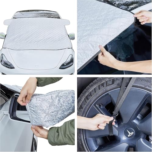 Image of Silver Black Windshield Car Glass Cover for Winter Storm Ice and Snowfall,Waterproof Fabric for Harshest Snow Freeze Weather, Extended Cover for Side Mirrors and Snow /Ice Brush Scrapper