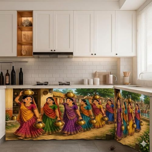 Image of REXOTEX Premium Printed Kitchen Sink Curtain | Kitchen Under Sink Curtain | Decorative Cabinet Cover | Washable & Dustproof | Modern Curtain (1, Women Water Pots)