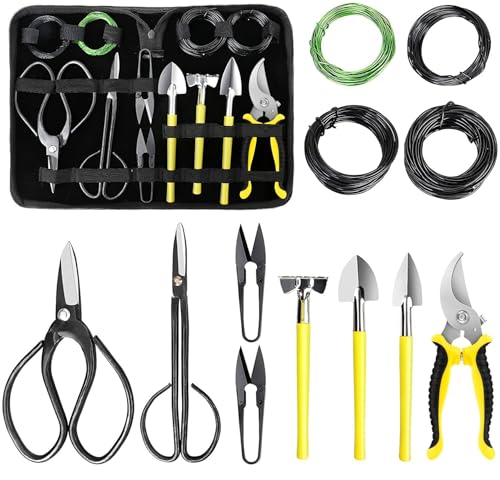 MOSFiATA Bonsai Tools Set 13 Pcs High Carbon Steel Succulent Gardening Trimming Tools Kit Include Pruning Shears Scissors Mini Rake Round and Pointed Shovel &Training Wire in PU Leather Bag