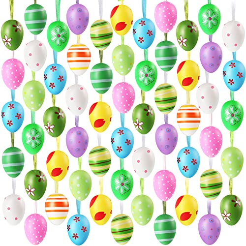 60 Pieces Easter Egg Hanging Ornaments Colorful Easter Plastic Hanging Ornaments Easter Decorations with Stripes Dots Flowers Spring Mini Tree Ornaments Decorative Tree Ornaments for Holidays