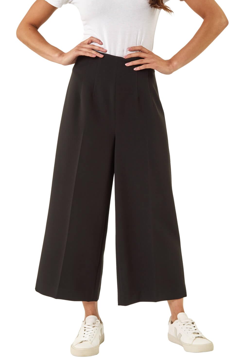 Roman Petite Cropped Wide Leg Stretch Trousers - Black - Size 14