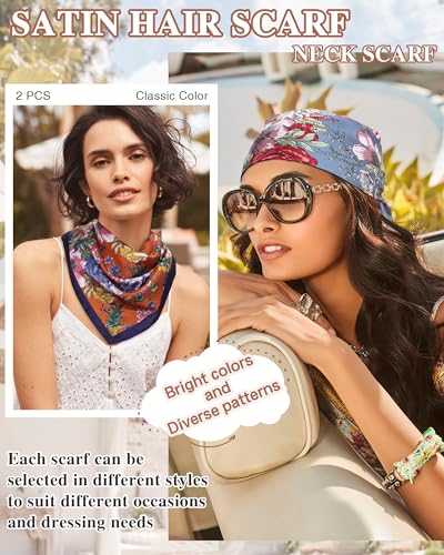 CHLINS 2 Pcs 27.5” Head Scarf for Women Satin Hair Scarf Silk Scarf Neck Scarf Square Hair Bandanas Hair Wraps3