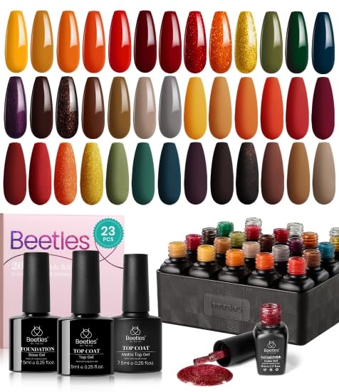 Beetles - Kit de 20 esmaltes de uñas de gel colección Cozy Campfire para otoño invierno naranja amarillo verde esmalte de uñas de gel para remojar