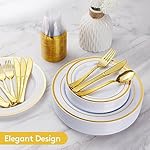 Goodluck 600 Pieces Gold Disposable Plates for 100 Guests, Plastic Plates for Party, Dinnerware Set of 100 Dinner and 100 Dessert Plates, 100 Spoons, 100 Forks, 100 Knives, 100 Cups - Image 4