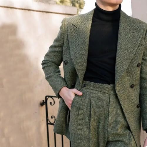 Ceehuteey Men's Dress Pants High Waisted Pleated Front Tweed Naples Style Wool Trousers3