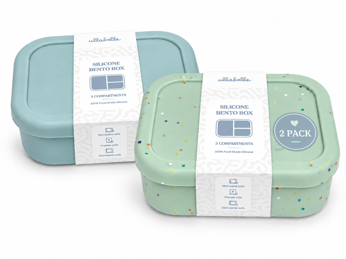 Ullabelle Silicone Bento Lunch Box for Kids – Set of 2, 3-Compartment Snack Containers for Toddlers &amp; Baby, Leak Resistant Food Storage, BPA Free Dishwasher Safe Lunchbox for School (Green Blue)