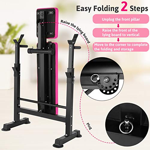 Folding Adjustable Weight Bench with Barbell Rack, Multi-Function Strength Training Adjustable Benches for Fitness Exercise and Strength Workout (Pink)
