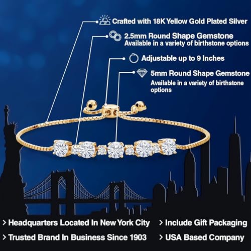 Gemstone Birthstone and Lab Grown Diamond Tennis Bracelet for Women in 18K Yellow Gold Plated Silver | Round 5MM and 2.5MM | Adjustable Bolo Design | Easy-On Easy-Off | Fully Adjustable Up to 9 Inch2