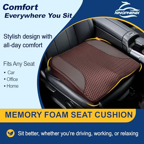 Image of kingphenix Car Seat Cushion - Memory Foam Pad for Driving Comfort - Boosts Height and Relieves Coccyx & Lower Back Pain - Car, Truck, Office Chair (Leather & 4D Mesh Brown)
