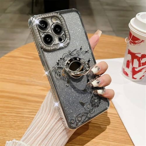 Étui iPhone 14 Pro avec support anneau paillettes dégradé fleurs