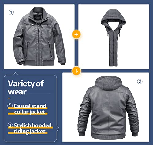 CREATMO US Leather Jacket Men Faux Leather Jackets Motorcycle Jacket Waterproof Windproof PU Moto Outerwear Vintage Bomber Hoodie with Removable Hood Grey L