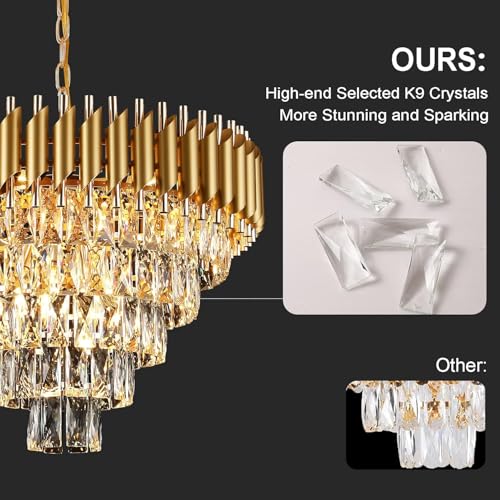 Image of Desidiya Modern Crystal Pendant Light Golden Round Ceiling Light Fixture for Living Room and (Antique, 5Tier 600mm) and 3 Colors Led Plate Included Warm White, Natural Light, Golden Light (500MM)