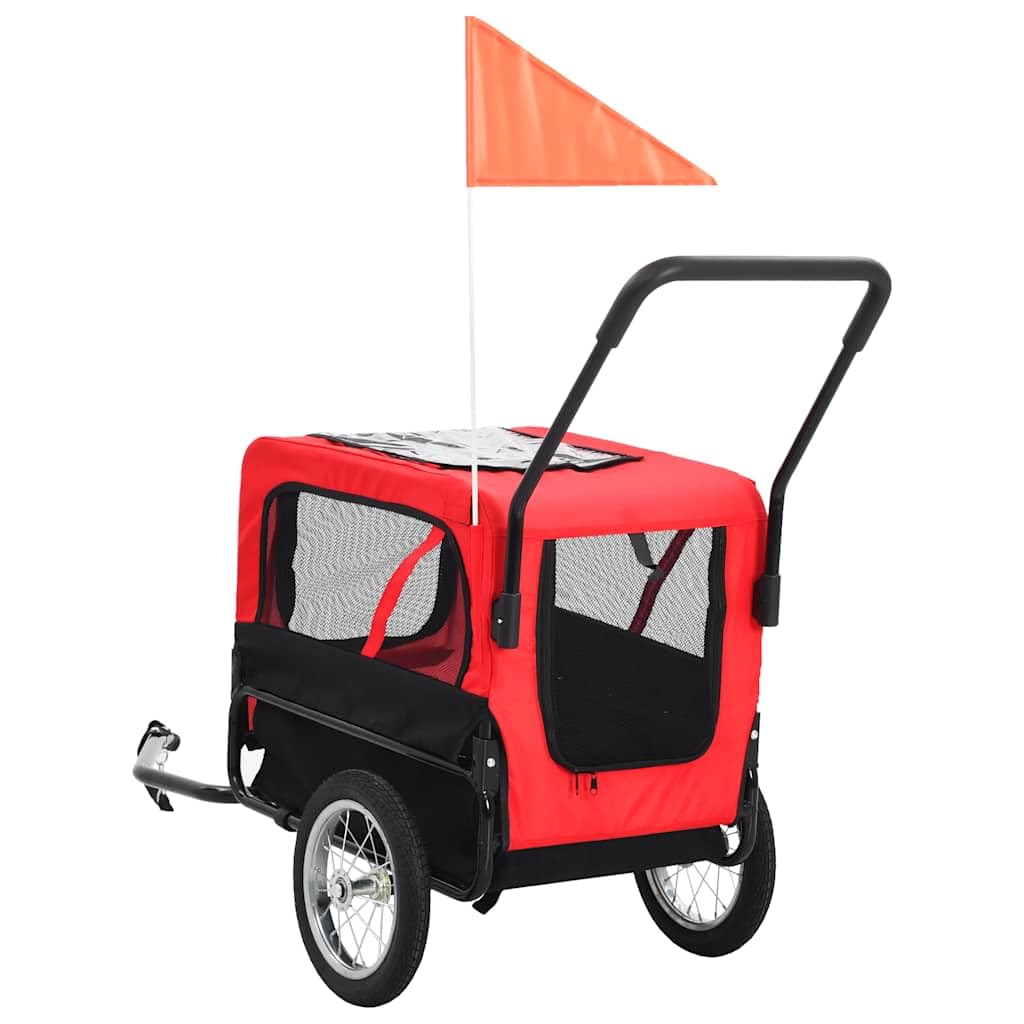 2-in-1 Fahrradanhänger für Hunde und Buggy Rot Schwarz faltbar mit Federung und Netz für Transport Komfort bei Spaziergang Reise und Outdoor Nutzung