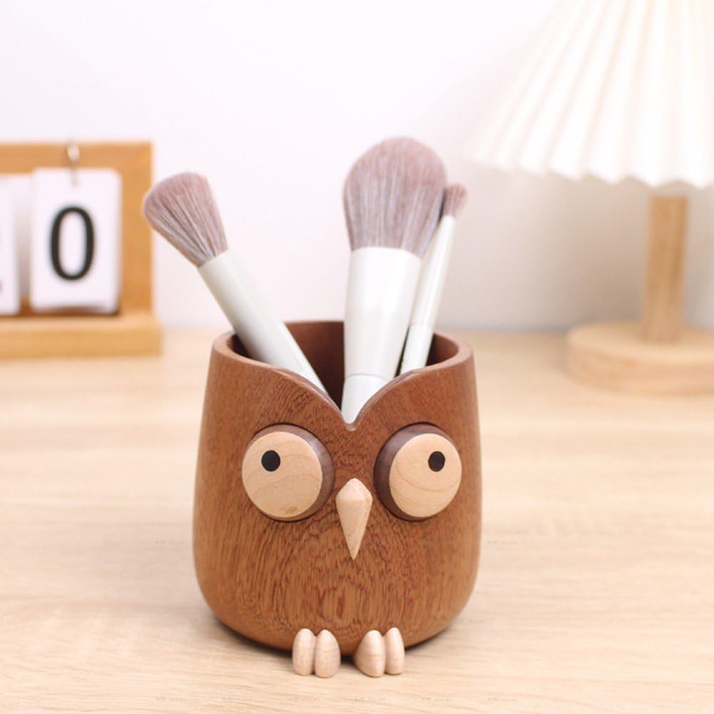 Portalápices De Madera con Forma De Búho, Cubo De Almacenamiento para Brochas De Maquillaje, Escritorio De Oficina, Estuche De Bolígrafo, Decoración De Escritorio