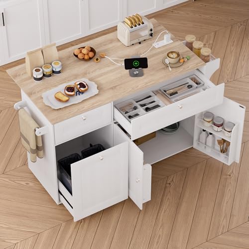 Kitchen Island with Storage, Rolling Kitchen Island Cart on Wheels with Drop Leaf Breakfast Bar Table, Portable Kitchen Islands with Trash Can Storage, Power Outlet, Towel Rack, Spice Rack, White