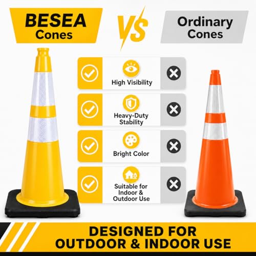 Image of BESEA 8PACK 28 inch inch Traffic Safety Cones Yellow Road Parking Cones Heavy Duty Construction Cone Structurally Stable for Traffic Control at Public Place