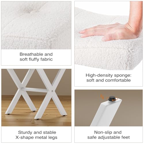 Image of Memobarco 18-Inch Vanity Stool Chair, Vanity Bench with Metal X-Legs, Ottoman Accent Stool with Breathable and Soft Boucle Fabric Saddle Seat, White