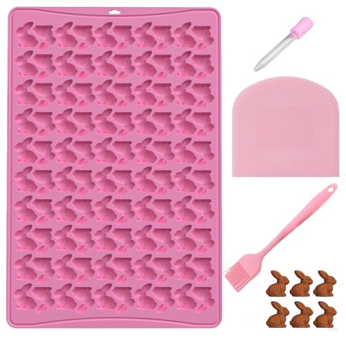 Silicone Bunny Mold Set Easter Rabbit Gummy Mold with Dropper Scraper and Basting Brush - 100 Cavity Silicone Molds BPA-Free for Baking Candy Making