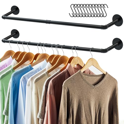 ERYTLLY Perchero industrial de 36.2 pulgadas, juego de 2 barras de hierro multiusos montadas en la pared, perchero desmontable resistente para colgar en el armario (negro, 2 bases)