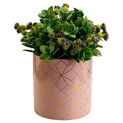 botle Keramik Rund Blumenübertopf Blumentopf Glasiert Rosa & Gold Verzierungen Maße 13x14cm Pflanzkübel Zylinder