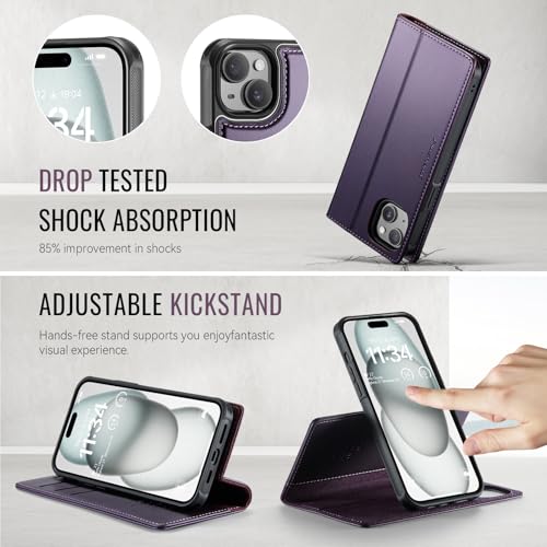 Image of Wallet Case for iPhone 13 Compatible with Magsafe, 2-in-1 PU Leather Flip RFID Blocking Card Holder Stand Shockproof Magnetic Detachable Cover for iPhone 13 Case 6.1 inch, Fashion Purple