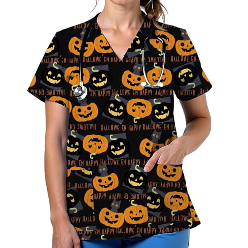 VillbeCoser Scrubs for Women V Neck Cute Printed Scrub Tops Women Nurse Shirt Soft Casual Uniform(D3394-Black M)