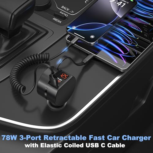 Retractable USB C Car Charger with Cord, OKRAY 78W 3-Port 12v Cigarette Lighter Adapter PD30W Fast Charging Samsung Car Charger & Coiled USB C Cable for Samsung Galaxy S25 S24 A16,iPhone 16 15 Pro Max