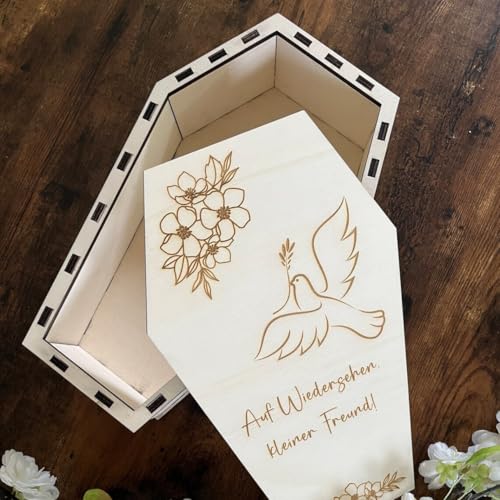NoriKids Tiersarg aus Holz - Sarg für Haustiere – passend für Hamster, Mäuse o. Vögel – Motiv Taube o. personalisiert mit Name, Botschaft & Motiv – Holzkiste mit Deckel – 34 x 21 x 11 cm