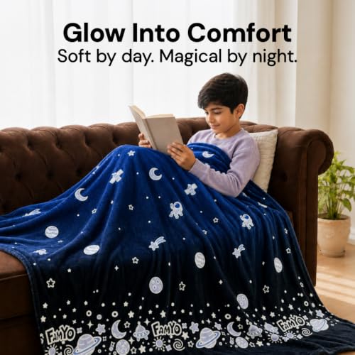 Image of Famyo GlowMaxx AC Blanket for Kids, Glow in the Dark Soft Flannel Blanket | 200x152 cm Double Bed Size | Lightweight Winter Blanket for AC Rooms, Lab-Tested & Skin-Friendly for Kids