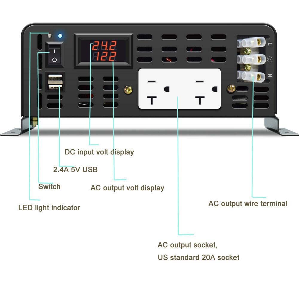 WZRELB Inversor de Corriente de Onda sinusoidal Pura de 5000 W, 24 V CC a 120 V CA, 10 kW, Pico de Salida de CA Dual, 2 Puertos USB de 2.4 A y Terminal de Cable Duro, convertidor Solar Fuera de la