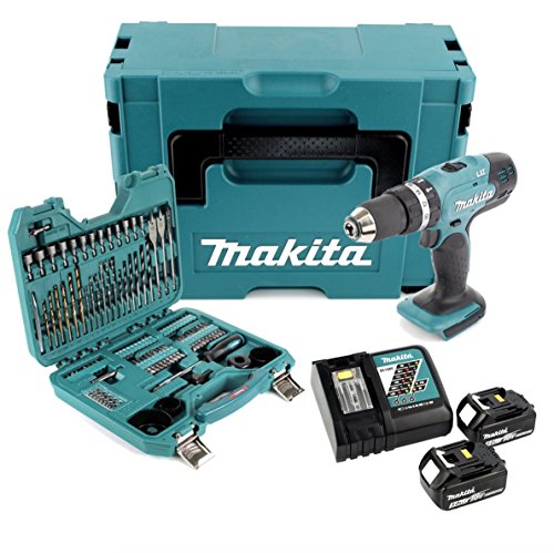 Makita DHP 453 RTJ Akku Schlagbohrschrauber 18V 42Nm im Makpac + 2x 5,0 Ah Akku + Ladegerät + 100 tlg, Bit- & Bohrer Set