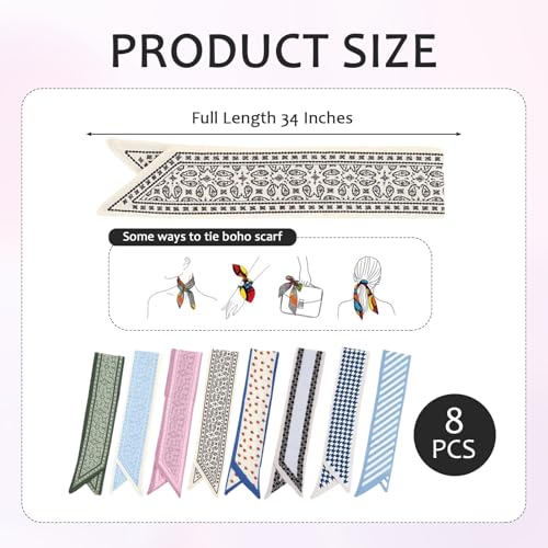 8 PCS Satin Scarf, Multifunctional Purse Scarf, Suitable for Ladies and Girls, Can be Used as Headscarf, Wristband, Handbags, Bag Accessories, Bohemian Style, Fashion and Versatile.2
