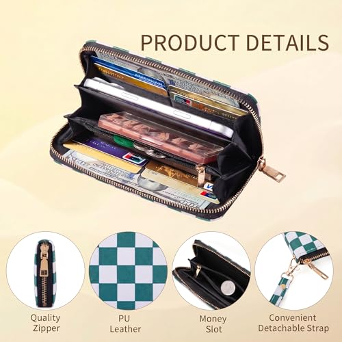 Image of Checkered Highland Cow Print Book Wallet For Women Skull Goth Frog Butterfly Ladies Cluth Wristlet Wrist Strap Long Purse Zip Around Card Holder