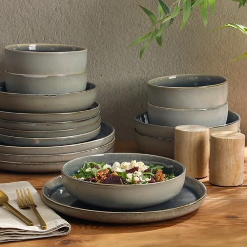 Image of Gibson Elite Sunveil 16 Piece (Service for 4) Plates and Bowls Reactive Glaze Round Dishes Stoneware Ceramic Dinnerware Set -Blue