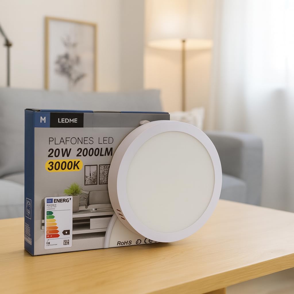 M Ledme - Panel de Superficie Serie Slim 20W, 2000lm, Luz fría (6000k). Lámpara de techo de interiores IP20. Ideal para Baño, Cocina, Dormitorio. Fácil de instalar, LM5243.