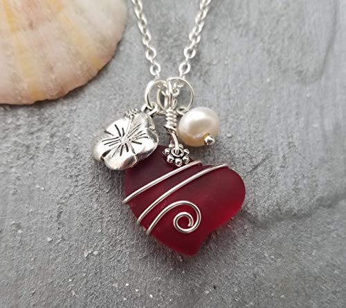 Hawaii Jewelry, Ruby Red Heart Sea Glass with designer wire wrap, HIbiscus and Freshwater pearl charms,"July Birthstone", (Hawaii Gift Wrapped, Customizable Gift Message)