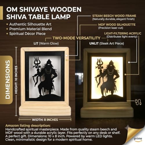 Image of Divine Shiva Backlit Table Lamp, Soothing Warm Backlight for Meditation, Durable MDF and Acrylic Construction, Includes Power Adapter, Natural, 8.25 inch (Sqr Shiva)