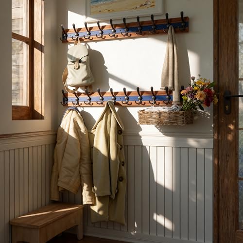 Image of SKOLOO Rustic Coat Rack Wall Mount- 38-1 /8 inch Long Coat Hooks for Wall with 10 Triple Hooks for Hanging Coats, Hats or Tools, Western National Parks Collection, Wood Brown & Blue, Pack of 2