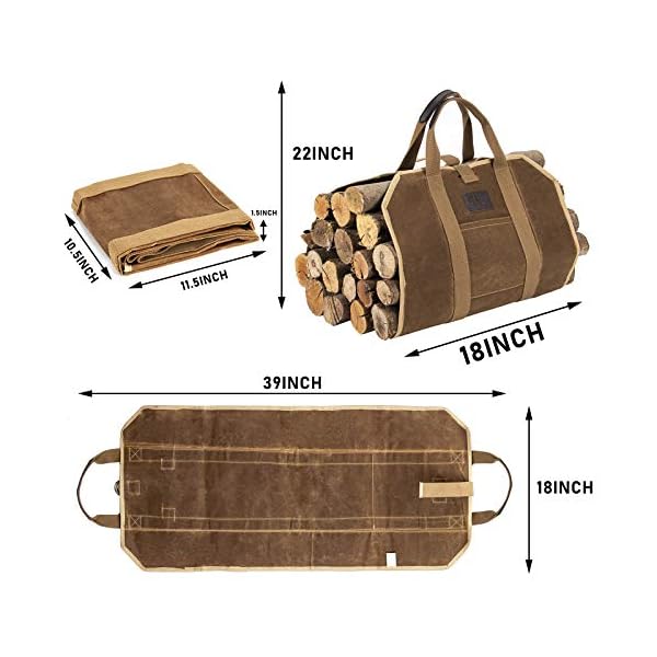 BHD Kaminholz-Tasche, 590 ml, gewachstes Leinen, stabile Tasche mit Griffen für Camping, drinnen und draußen, Braun – Bild 3