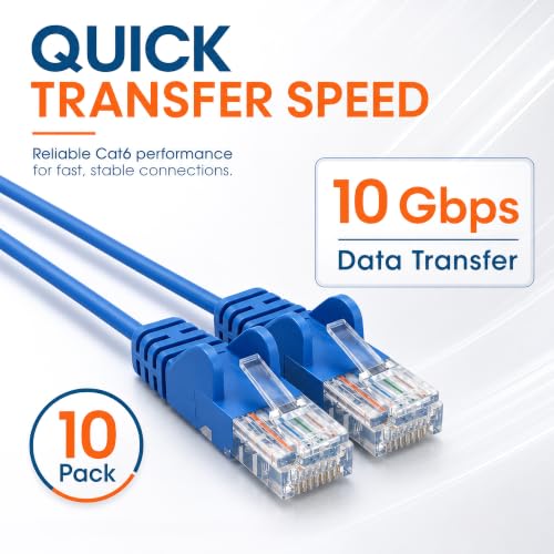 Image of Intellinet Slim Cat6 Ethernet Network Patch Cable - 10-Pack - 10Gbps & 250MHz, Snagless Boot, 30AWG Pure Bare Copper Wire, Gold-Plated Contacts, Lifetime Mfg Warranty - 20ft, 10 Pack, Blue
