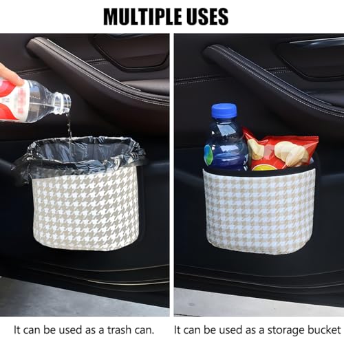Image of Car Trash Can, Mini Foldable Vehicle Garbage Organizer with 15PCS Bin Bag, Check Pattern Auto Interior Hanging Bin Container Accessoies, Universal for SUV Sedan Truck (Beige /White)